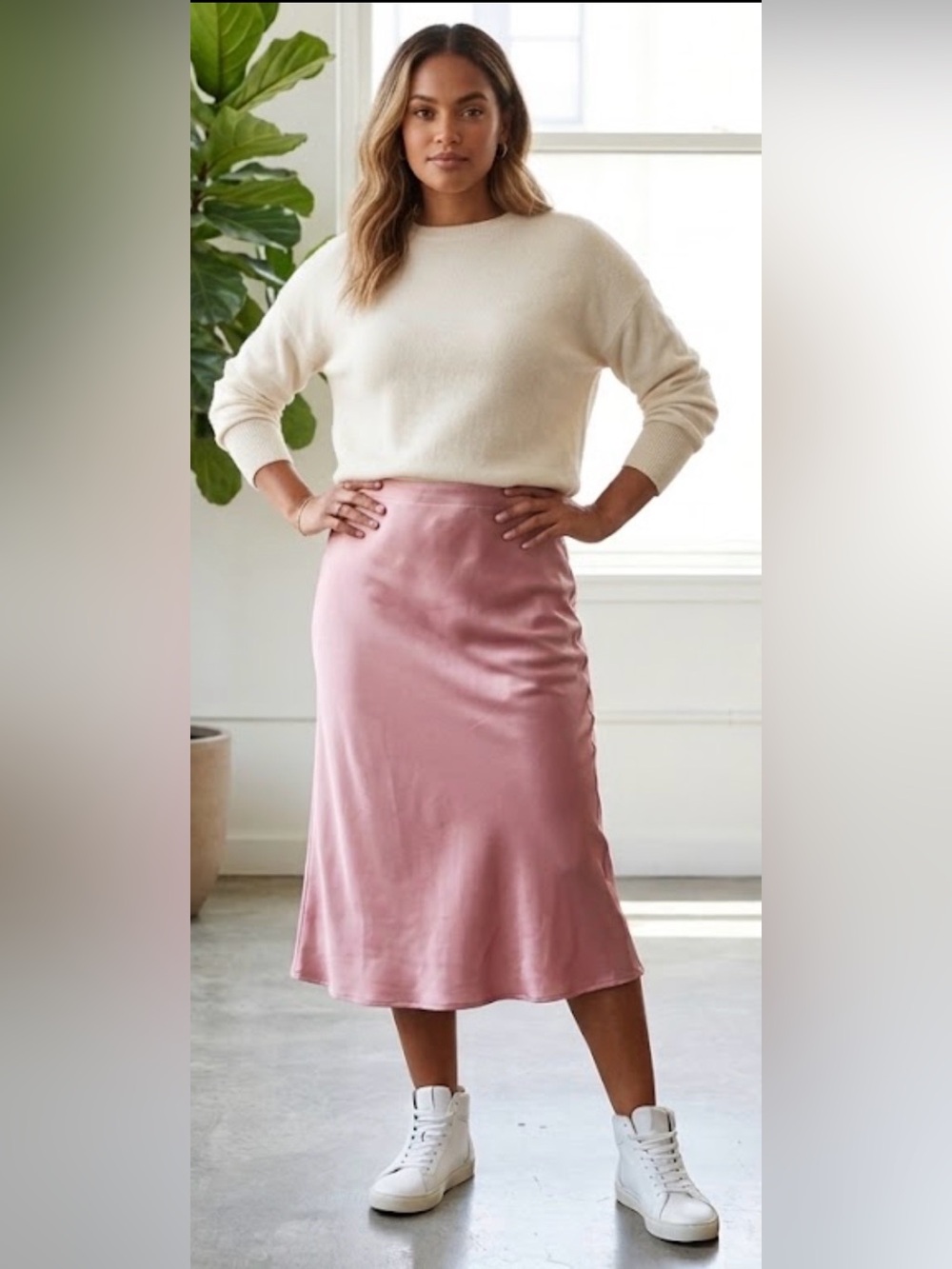 Nicole Miller New York Slip Skirt Pink Satin Midi Skirt Size L Made in USA